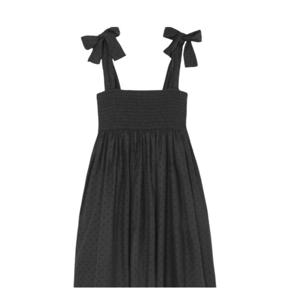 MARYSIA Resort Women’s Sz M Midi Smocked Swiss Dot Black Bow Tie Shoulder Dress - Picture 6 of 12
